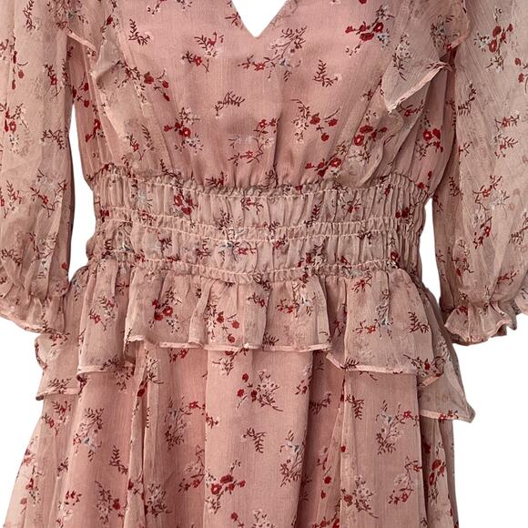 CY Fashion Blush Pink Floral Ruffle Boho Dress Chiffon Back Cutout Flowy Boho M - Picture 3 of 9